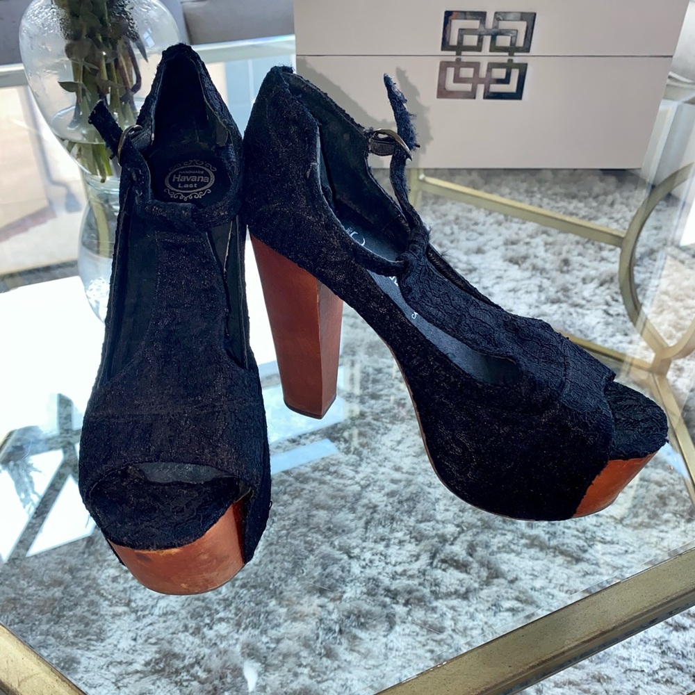 GORG! JEFFREY CAMPBELL FOXY WOOD BLACK LACE WOOD HEEL SANDAL SZ 7